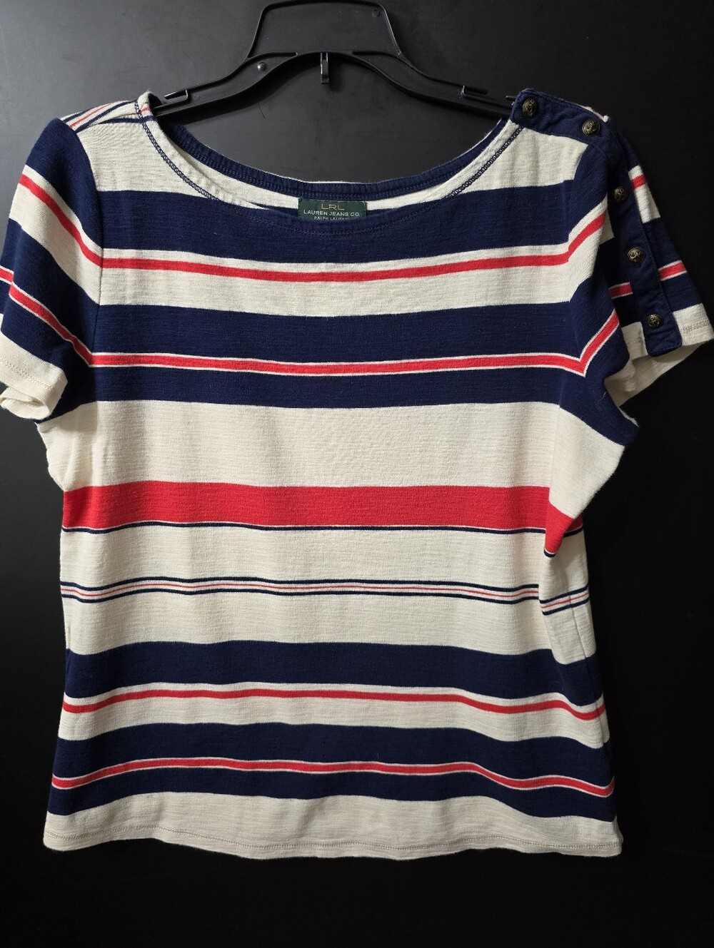 Lauren Ralph Lauren Striped Short Sleeve Boatneck Top in Navy, Red & Cream Large